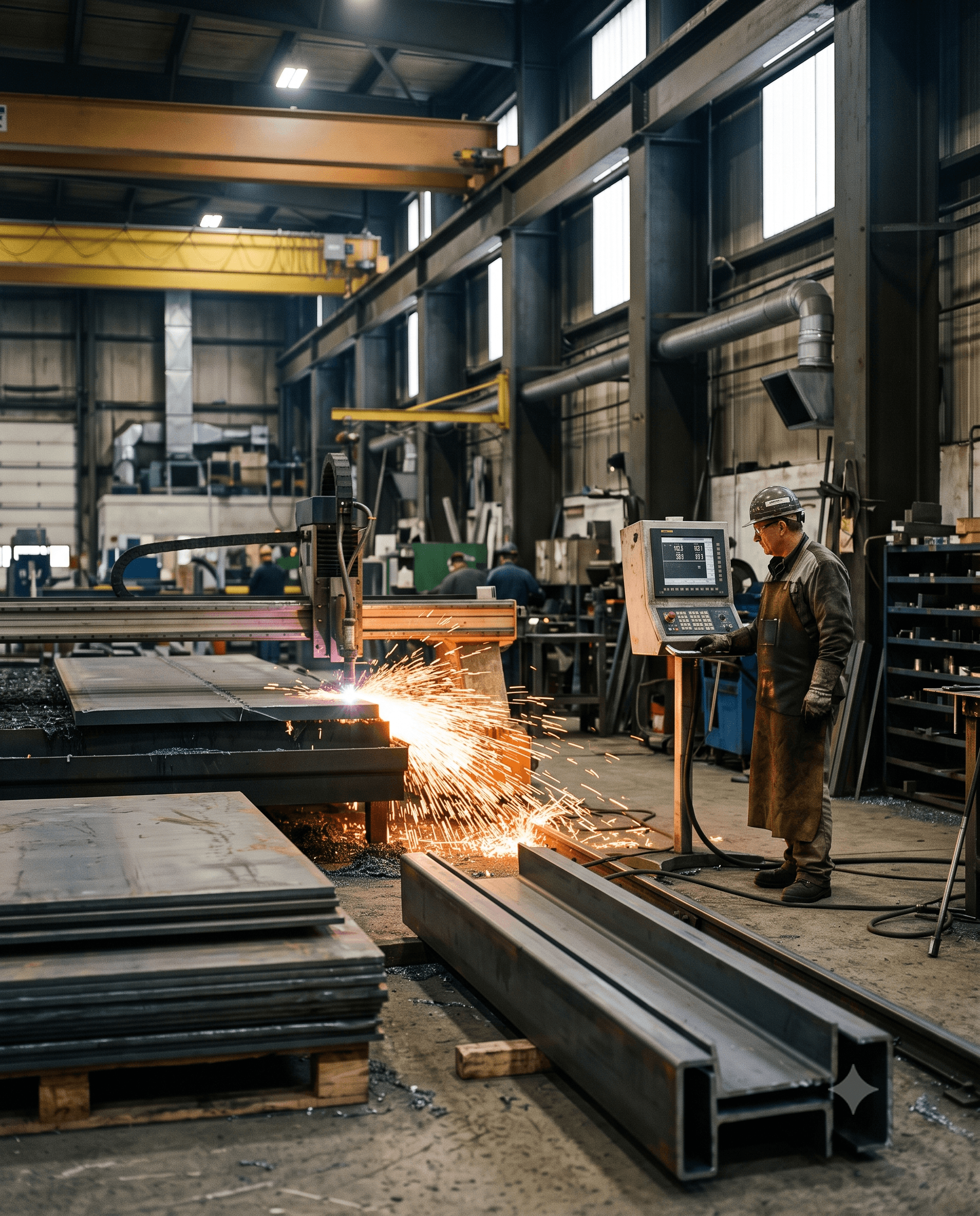 Sheet steel being cut and bent in the Skega fabrication bay